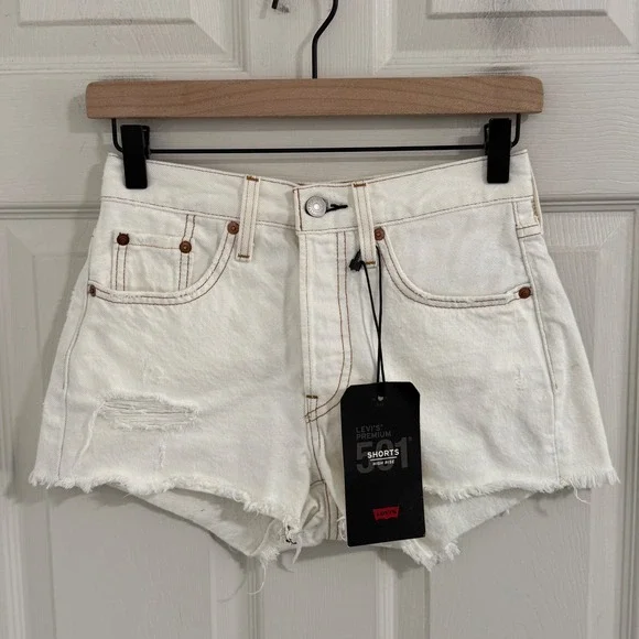 Levis 501 Original Shorts Womens 24 White NWT High Rise Cutoffs Boho Festival - Picture 2 of 13